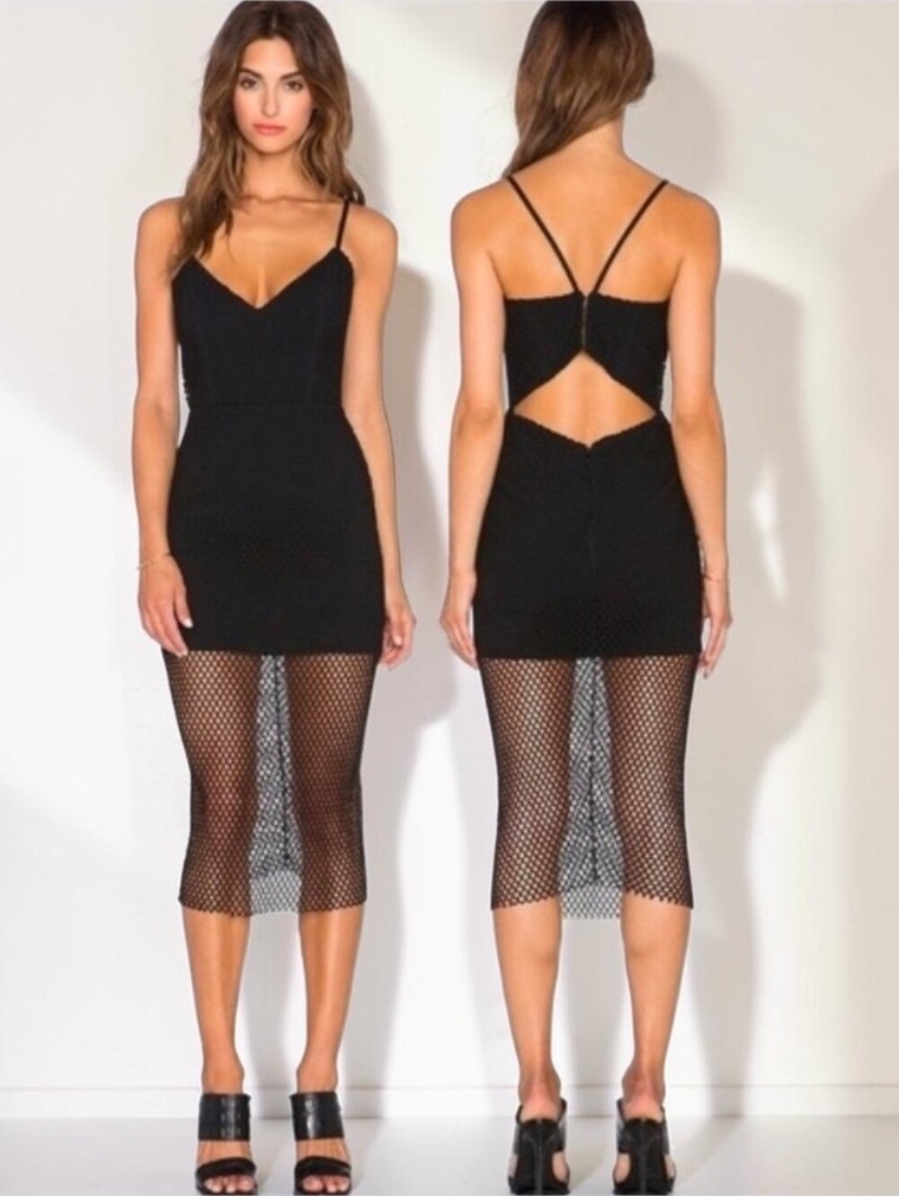 MASON by MICHELLE MASON Black Fishnet Mesh Overlay Midi Dress - Size 6